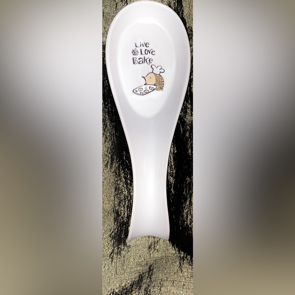 Ceramic Spoon Rest Featuring Hedgehog Chef  Text “Live Love Bake"